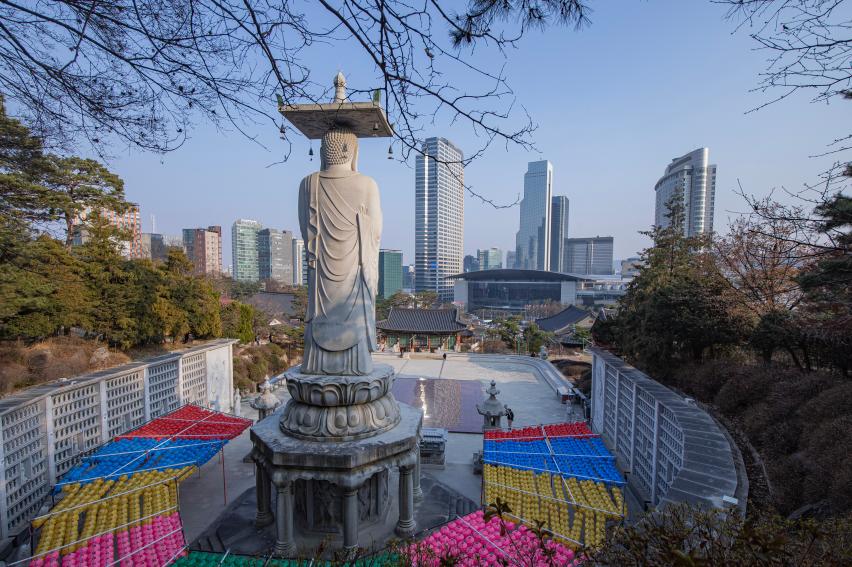 봉은사 미륵대불 뒤편에서 바라본 사찰과 삼성동 도심